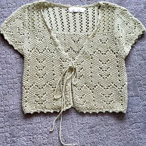 Crocheted Crop Top Tie Front - Sage Green, S